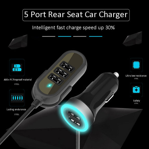 Multi 5 Ports Car Charger rear seat fast car charger 5.8A Universal USB Extension Car Adapter - My Cool Collection